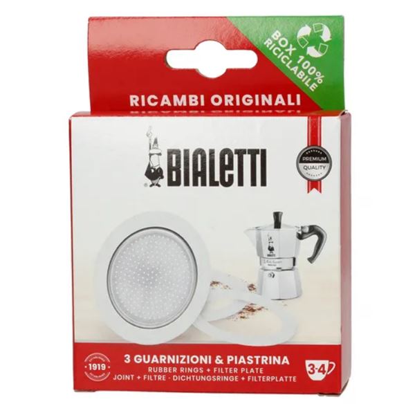 Bialetti 3x Seals + sieve for aluminium  3-4 cup
